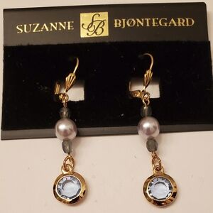 Suzanne Bjontegard Bezel Set Crystal And Pearl Earrings Gray & Stunning Blue